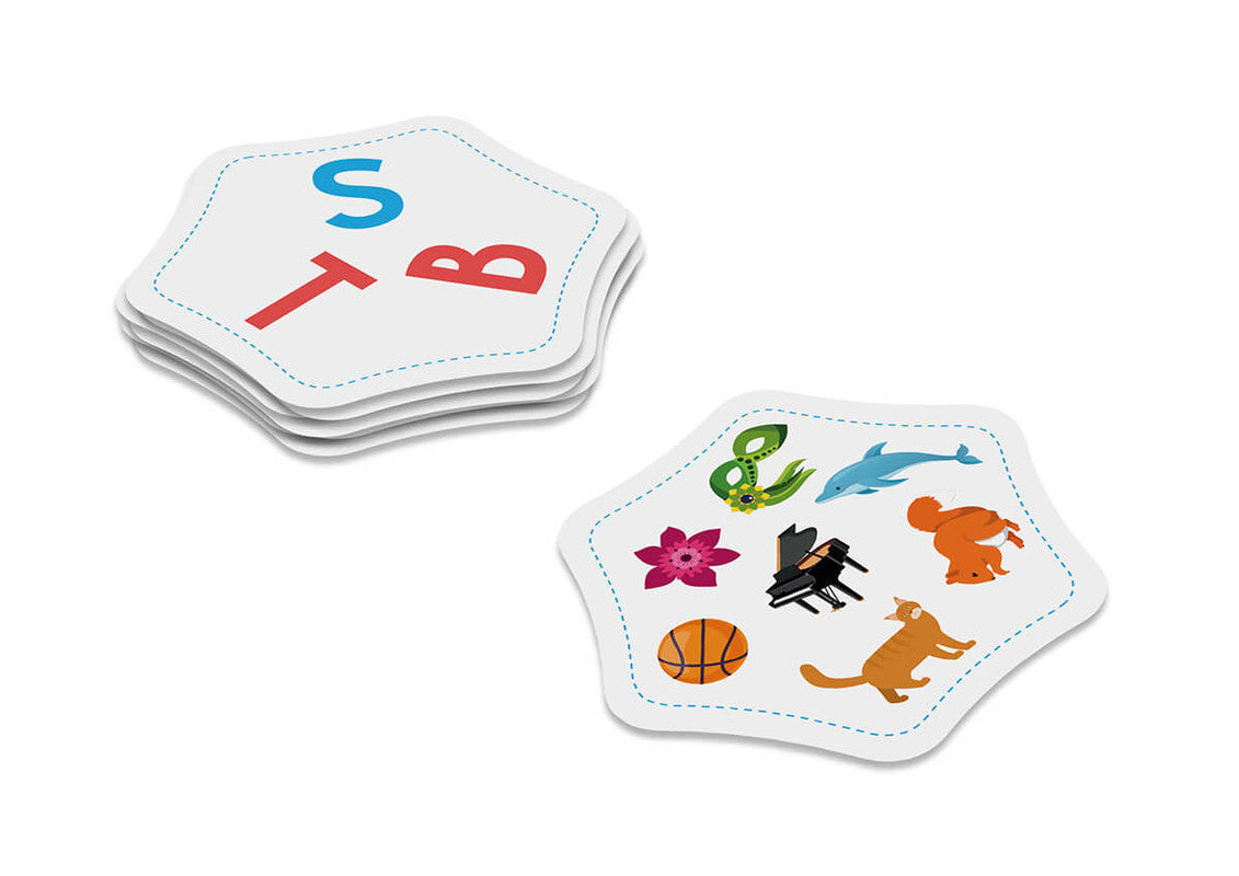 Flexible letter-link game box with colorful artwork and text on the packaging