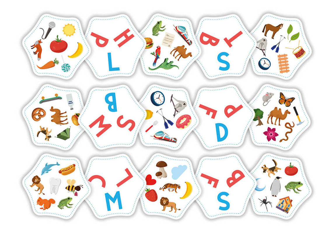 Flexible letter-link puzzle game pieces scattered on a table in various colors
