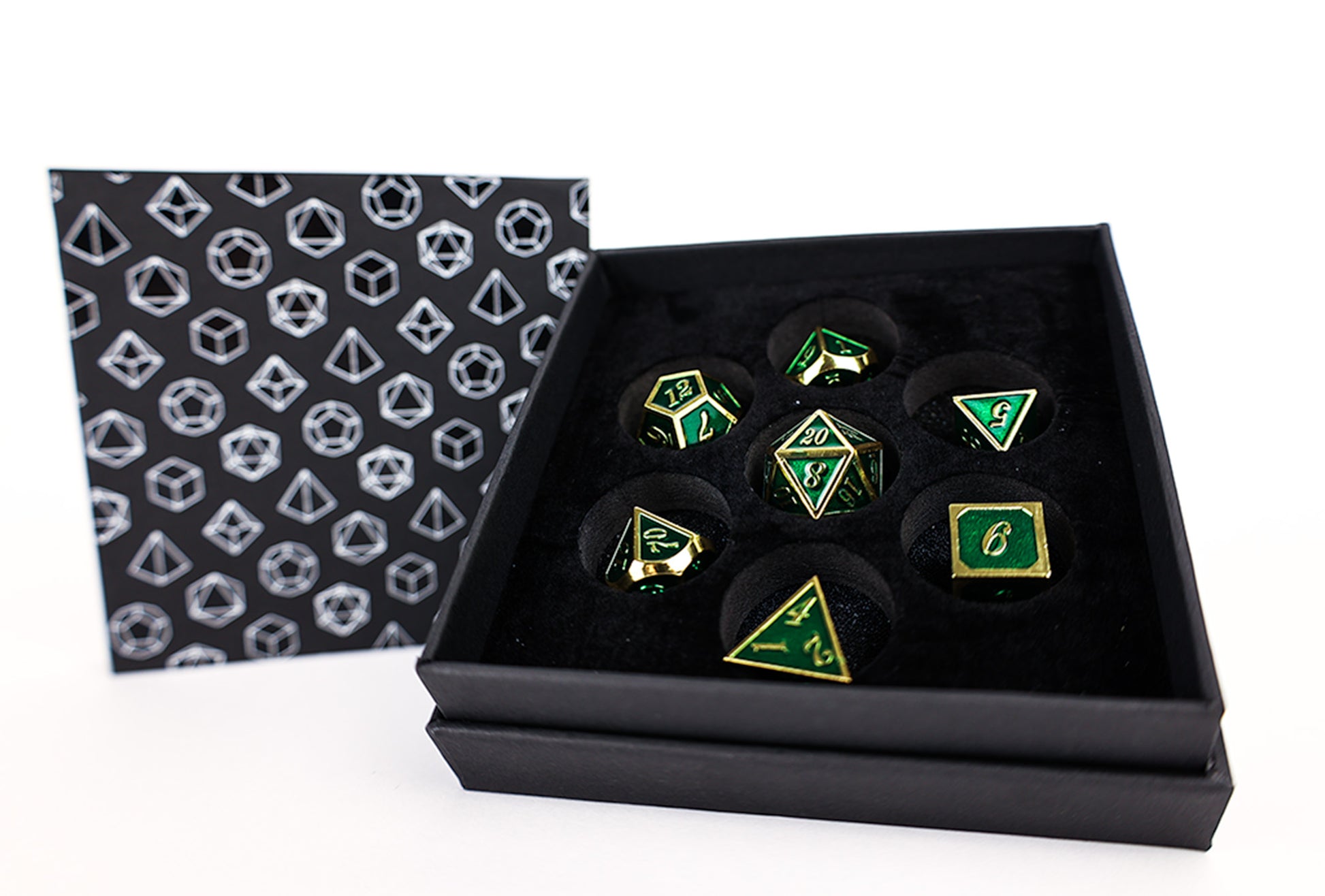 LPG Dice Set - Metal RPG Serif Green/Gold - Good Games