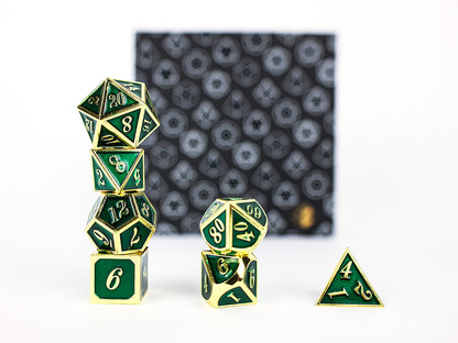 LPG Dice Set - Metal RPG Serif Green/Gold - Good Games