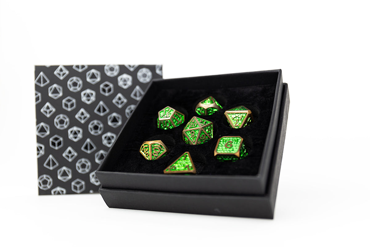 LPG Dice Set - Metal RPG Draco Bright Green/Brass - Good Games