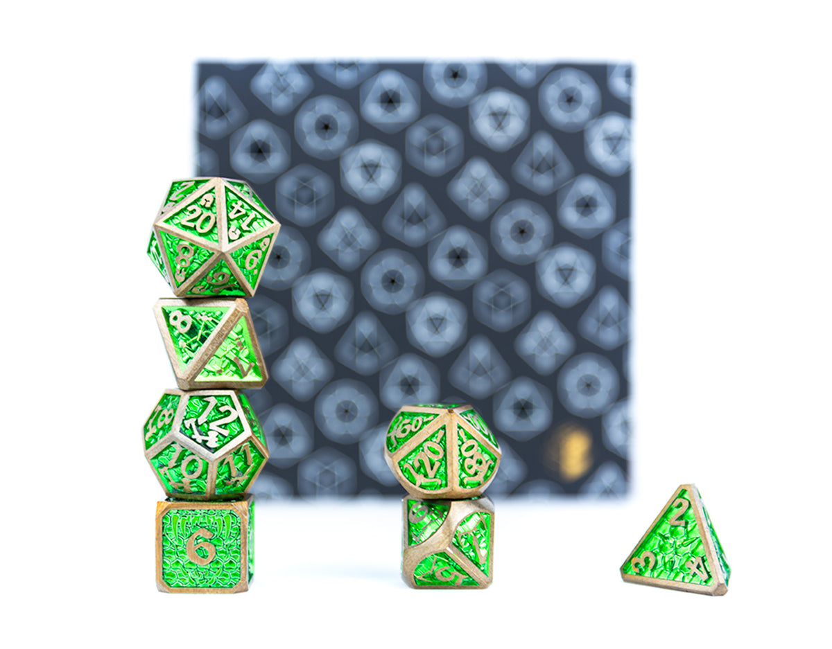 LPG Dice Set - Metal RPG Draco Bright Green/Brass - Good Games