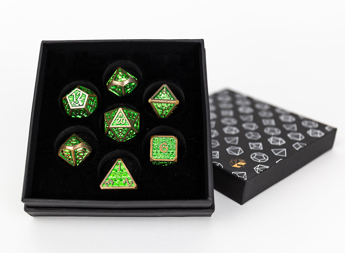 LPG Dice Set - Metal RPG Draco Bright Green/Brass - Good Games