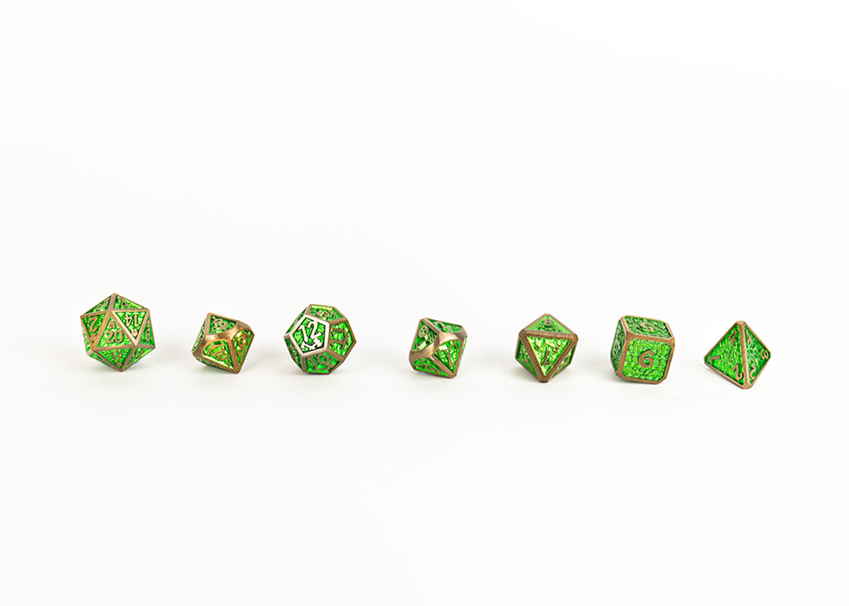 LPG Dice Set - Metal RPG Draco Bright Green/Brass - Good Games