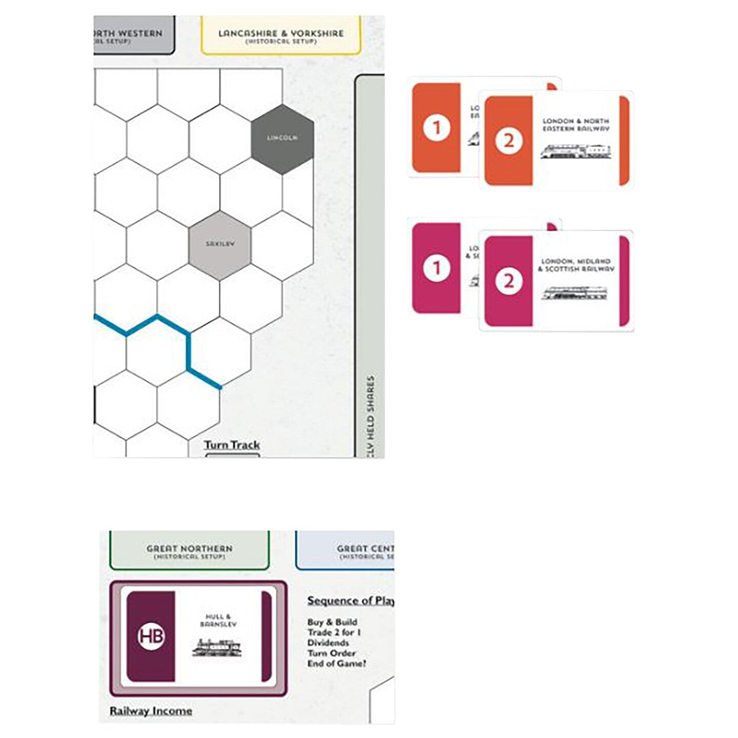 Railway board game featuring a hexagonal map with labeled cities, numbered railway company cards, and game rules