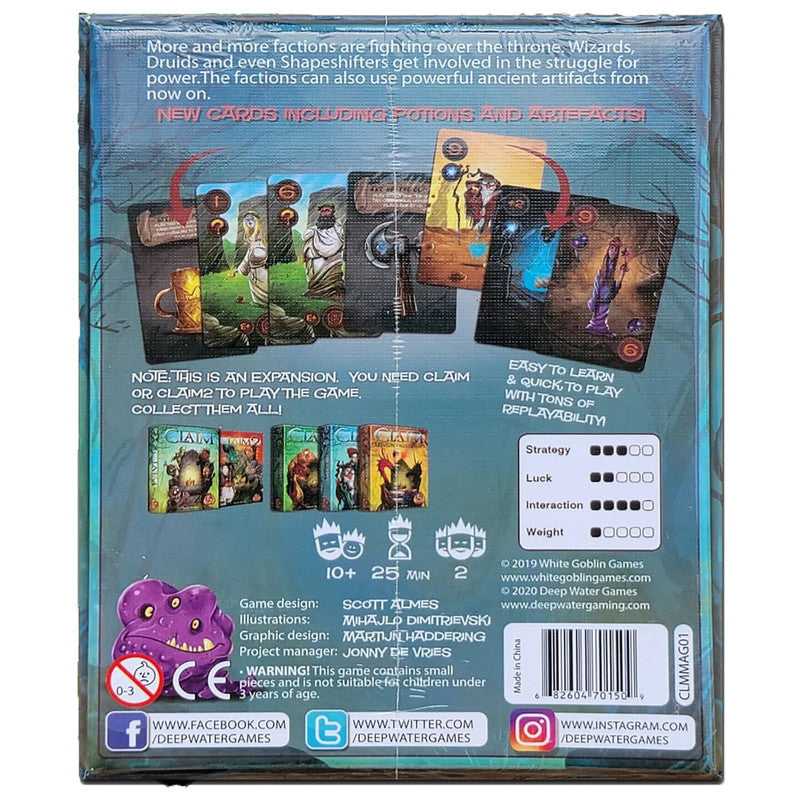 Back of a fantasy board game expansion box, 'Claim', showing new cards including potions and artifacts, alongside other Claim boxes