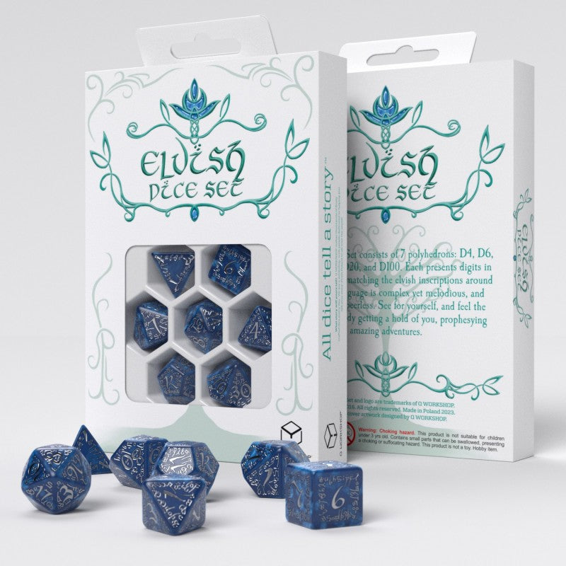 Q Workshop - Elvish Dice Set - Cobalt &amp; Silver Dice Set 7 - Good Games