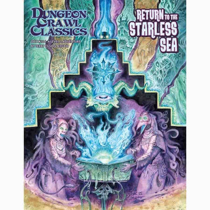 The cover of the Dungeon Crawl Classics - 104 - Return to the Starless Sea Book shows two robed figures examining a glowing book, with a horned monster and blue energy above