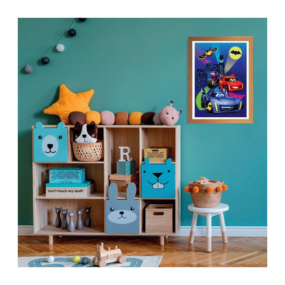 Clementoni Batwheels jigsaw: vibrant cars against Gotham skyline in kids' playroom