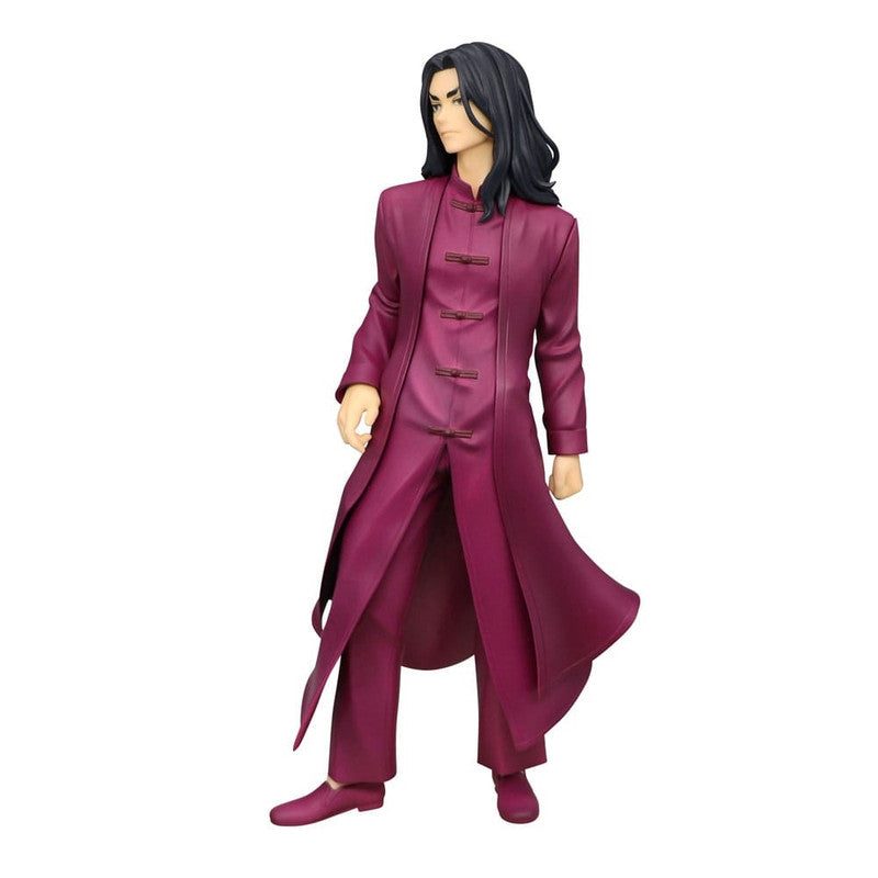 Purple long coat and matching pants on a standing figure wearing dark hair and purple shoes