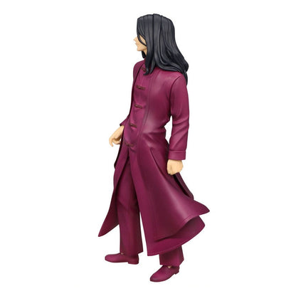 Dark magenta figure in a long trench coat with knot closures and matching pants standing sideways