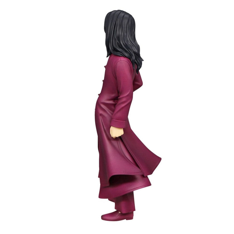 Crimson floor-length coat with a high collar and fitted waist shown on a standing figure with dark hair