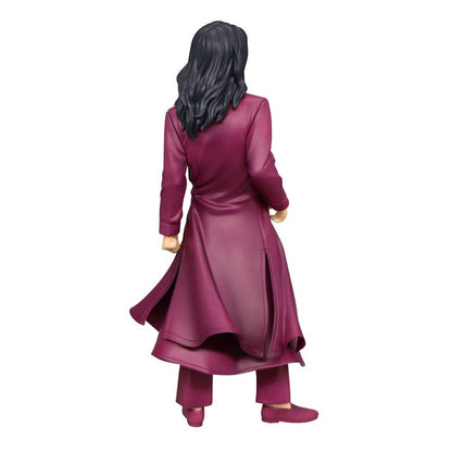Back view of a character figure wearing a long purple trench coat over matching pants and shoes