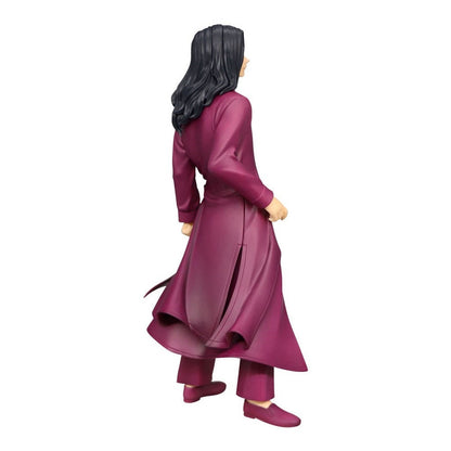 Purple cloak and pants set on a black-haired figure seen from the back and side