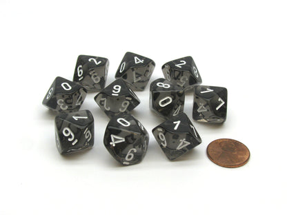Ten Chessex translucent smoke D10 dice with white numbers ranging from 0 to 9 scattered on a white surface next to a copper penny for size comparison