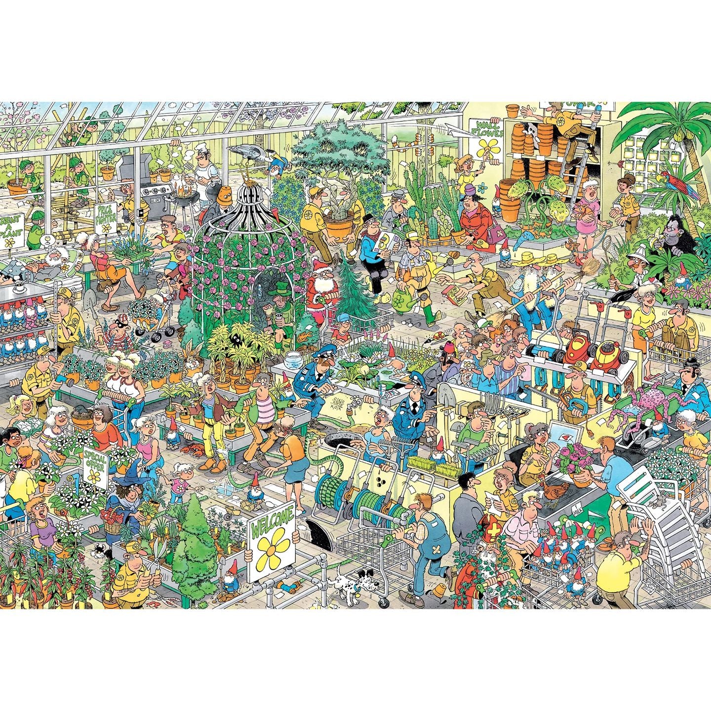 Chaotic cartoon illustration of a bustling garden center or greenhouse packed with shoppers and plants
