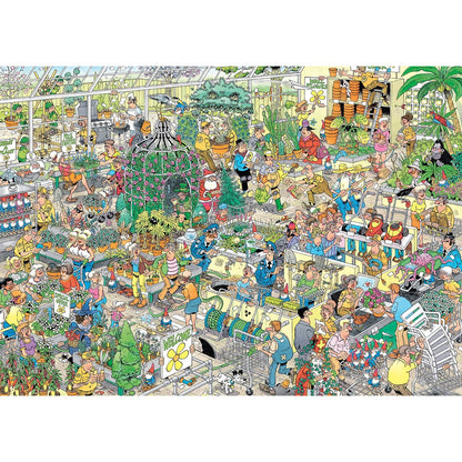 Chaotic cartoon illustration of a bustling garden center or greenhouse packed with shoppers and plants
