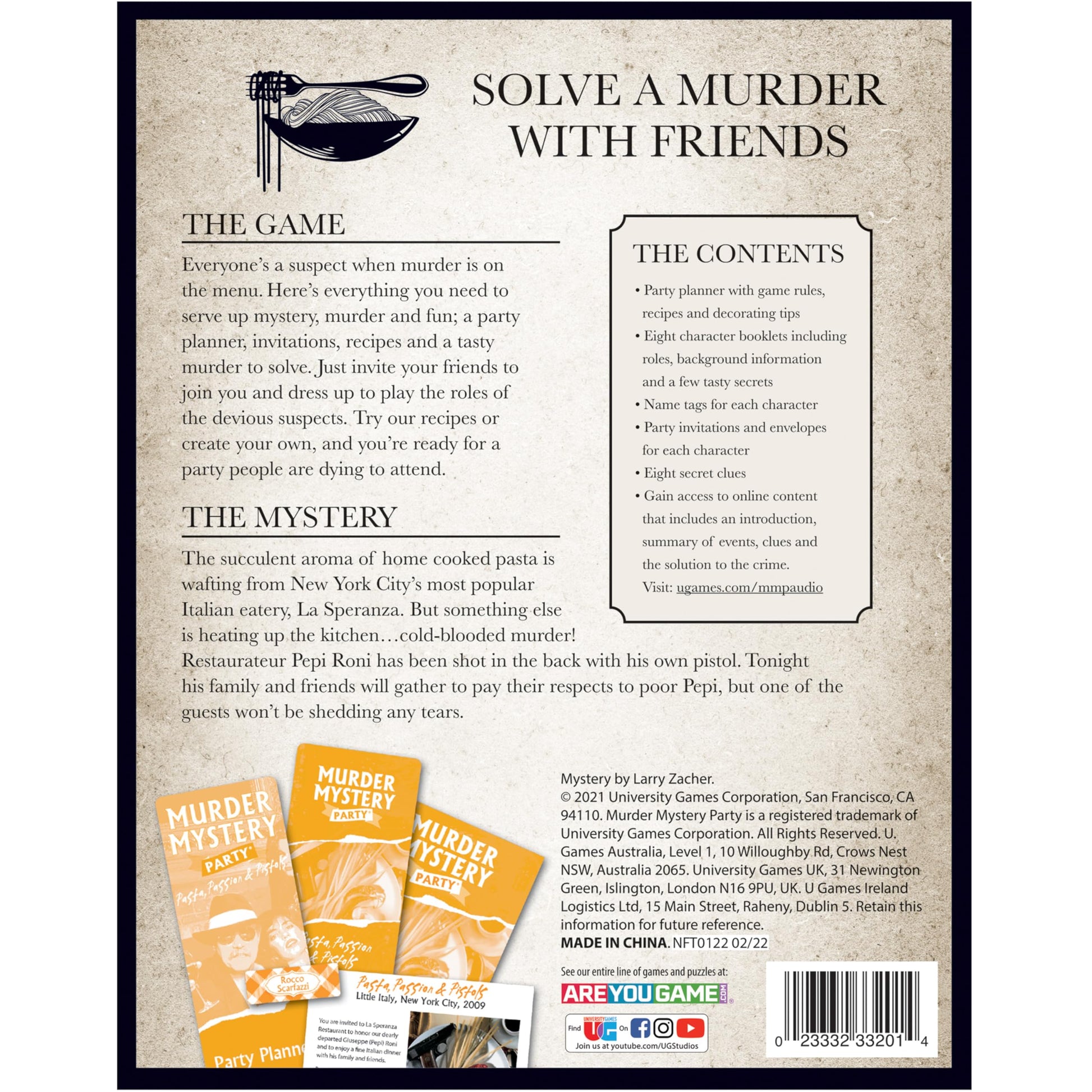 Front of Murder Mystery Party Pasta, Passion & Pistols game box with pasta illustration, game details, and sample components with a barcode