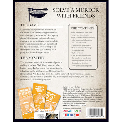 Front of Murder Mystery Party Pasta, Passion & Pistols game box with pasta illustration, game details, and sample components with a barcode