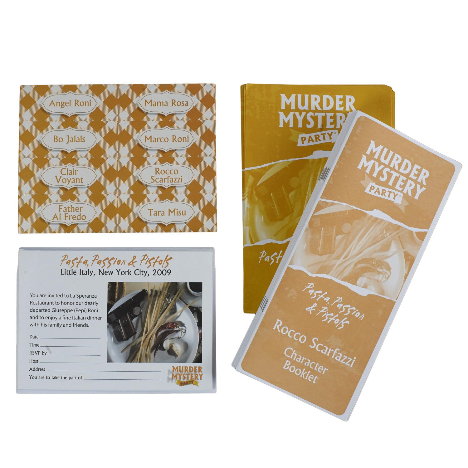 Murder Mystery Party Pasta, Passion & Pistols game components including character name cards, an invitation, and character booklets