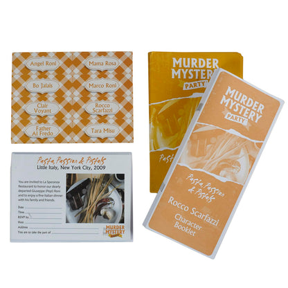 Murder Mystery Party Pasta, Passion & Pistols game components including character name cards, an invitation, and character booklets