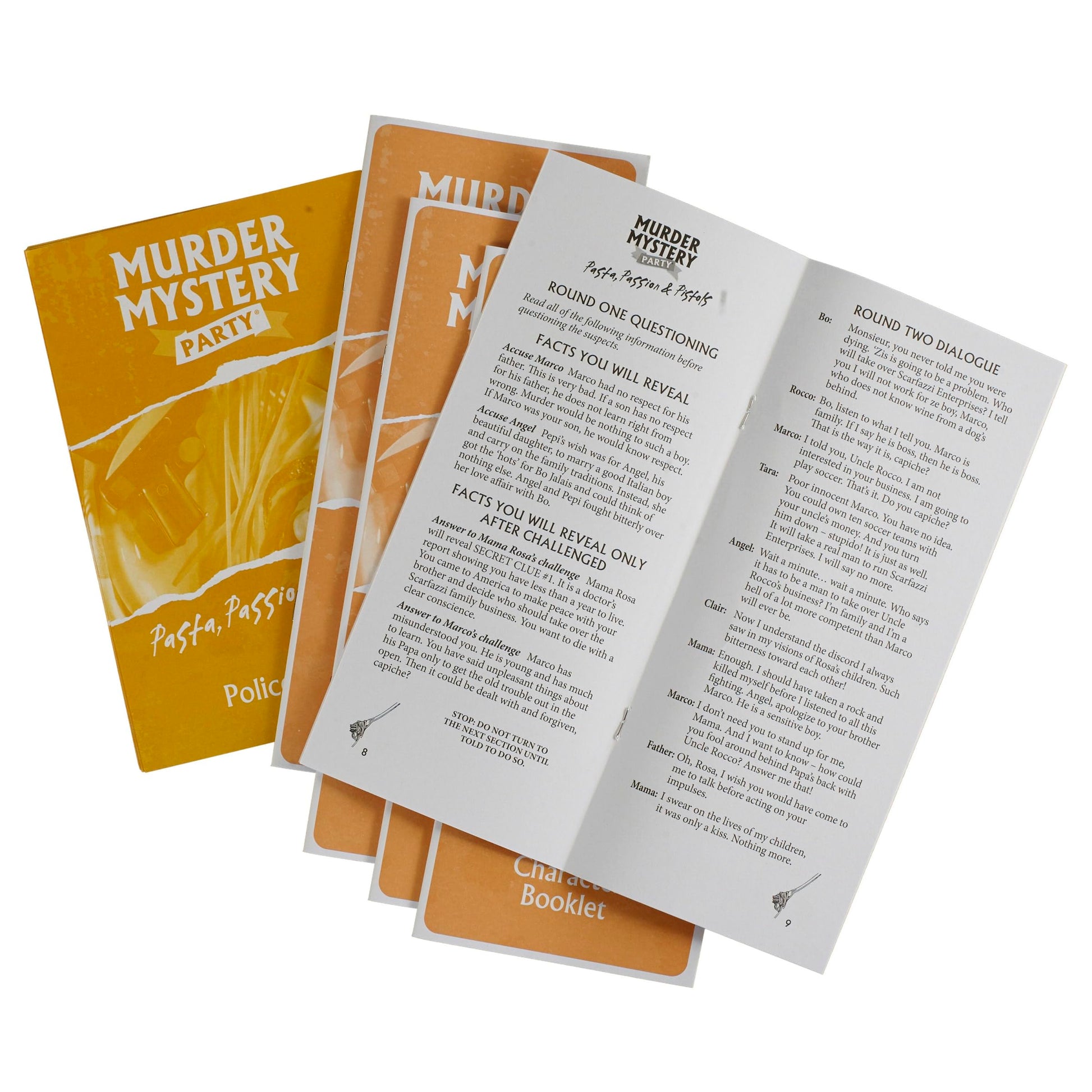 Several Murder Mystery Party Pasta Passion & Pistols game booklets are fanned out, with one open to reveal printed text
