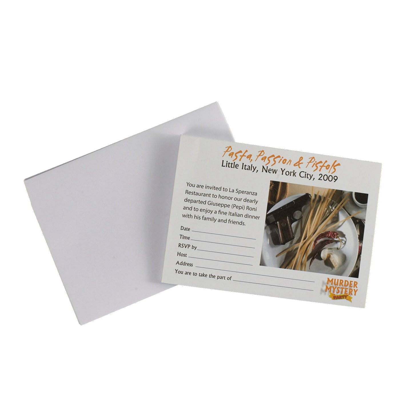 An open white envelope with a Murder Mystery Party Pasta, Passion & Pistols invitation card showing text and an image of spaghetti, chili, garlic, and a pistol