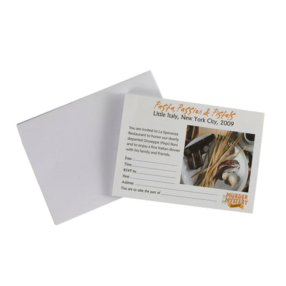 An open white envelope with a Murder Mystery Party Pasta, Passion & Pistols invitation card showing text and an image of spaghetti, chili, garlic, and a pistol