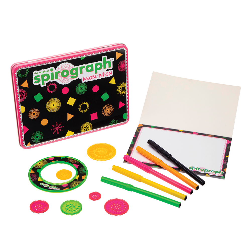 Spirograph Neon drawing kit with black tin, colourful gears, drawing pad, and five neon markers.