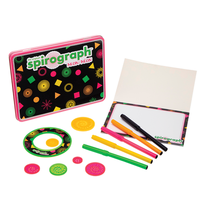Spirograph Neon drawing kit with black tin, colourful gears, drawing pad, and five neon markers.