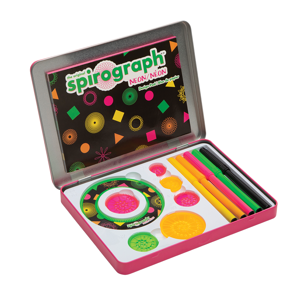 An open Spirograph Neon kit in a pink tin, displaying neon gears, colourful markers, and a design pad.