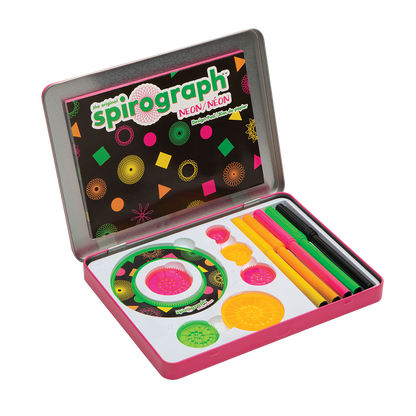 An open Spirograph Neon kit in a pink tin, displaying neon gears, colourful markers, and a design pad.