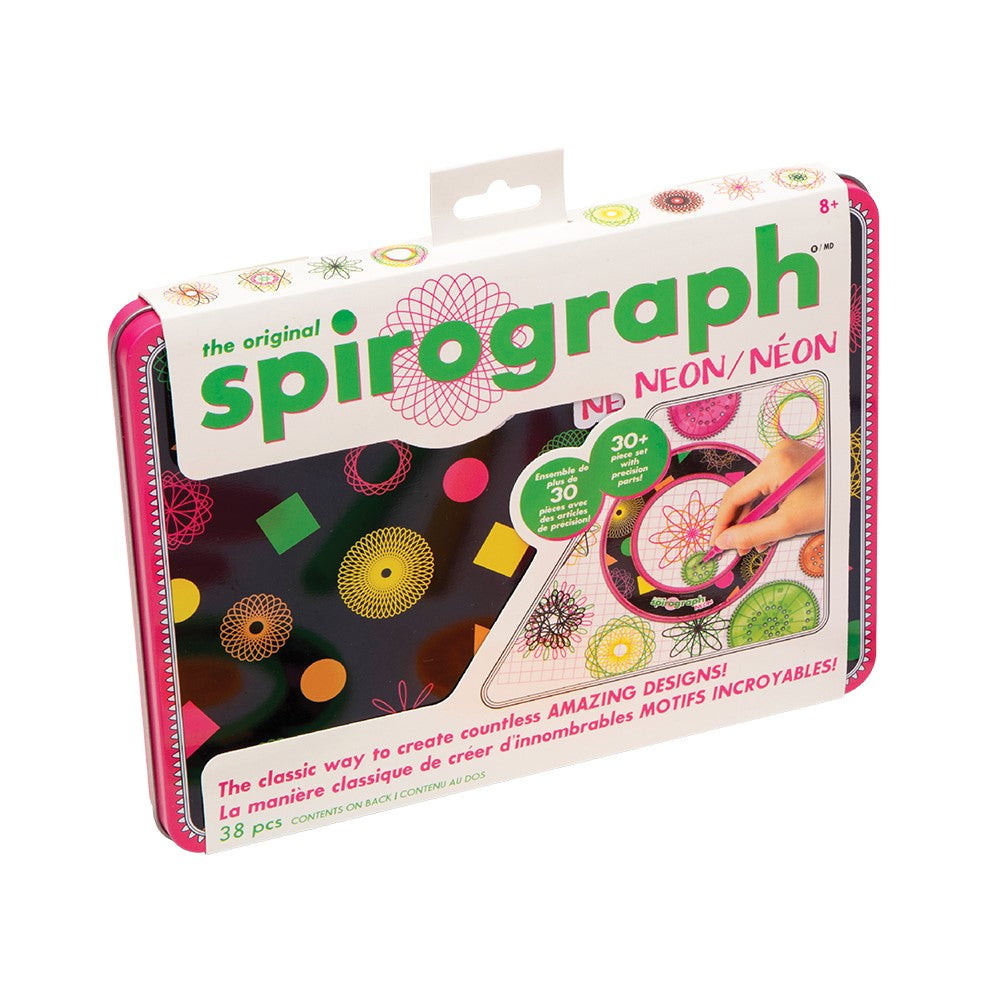Pink-edged Spirograph Neon kit box with a hand drawing a complex geometric design.