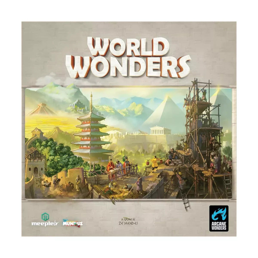 World Wonders board game box showing people building ancient monuments like pyramids, pagodas, and temples.