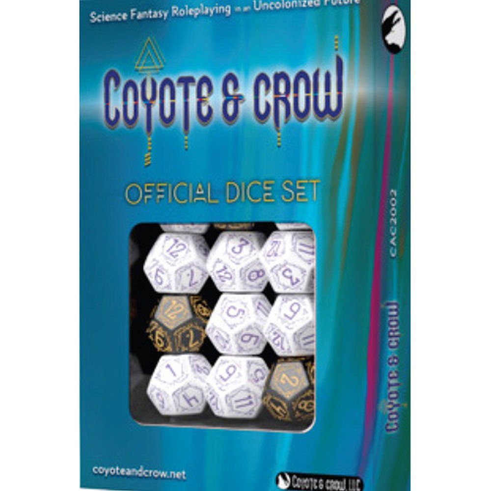 Box for Coyote & Crow Official Dice Set, with nine white and black polyhedral dice visible