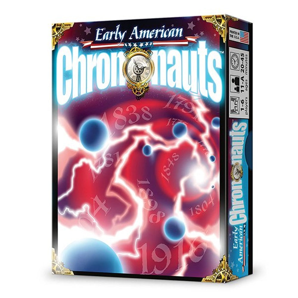 Early American Chrononauts game box, featuring a clock, glowing orbs, and historical dates swirling in a red and purple background.