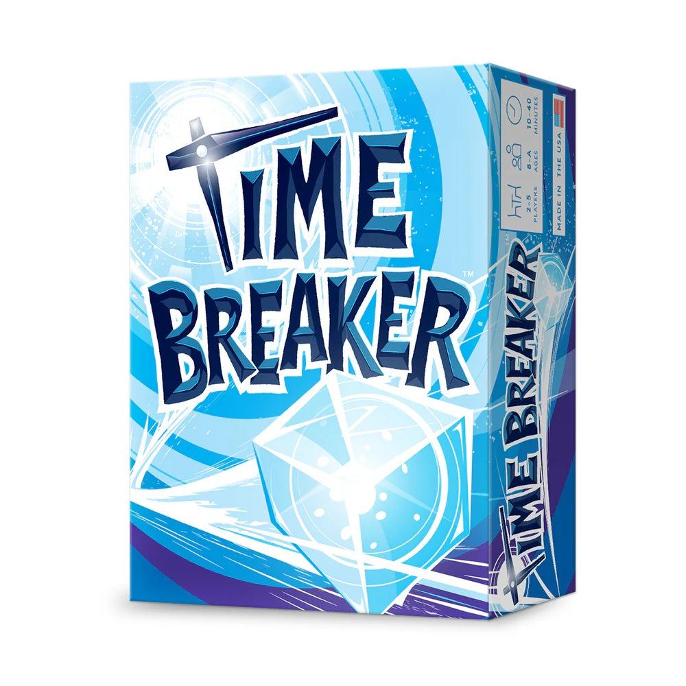 Blue and white "Time Breaker" game box. A pickaxe-like clock hand cuts through the title above a glowing ice cube.