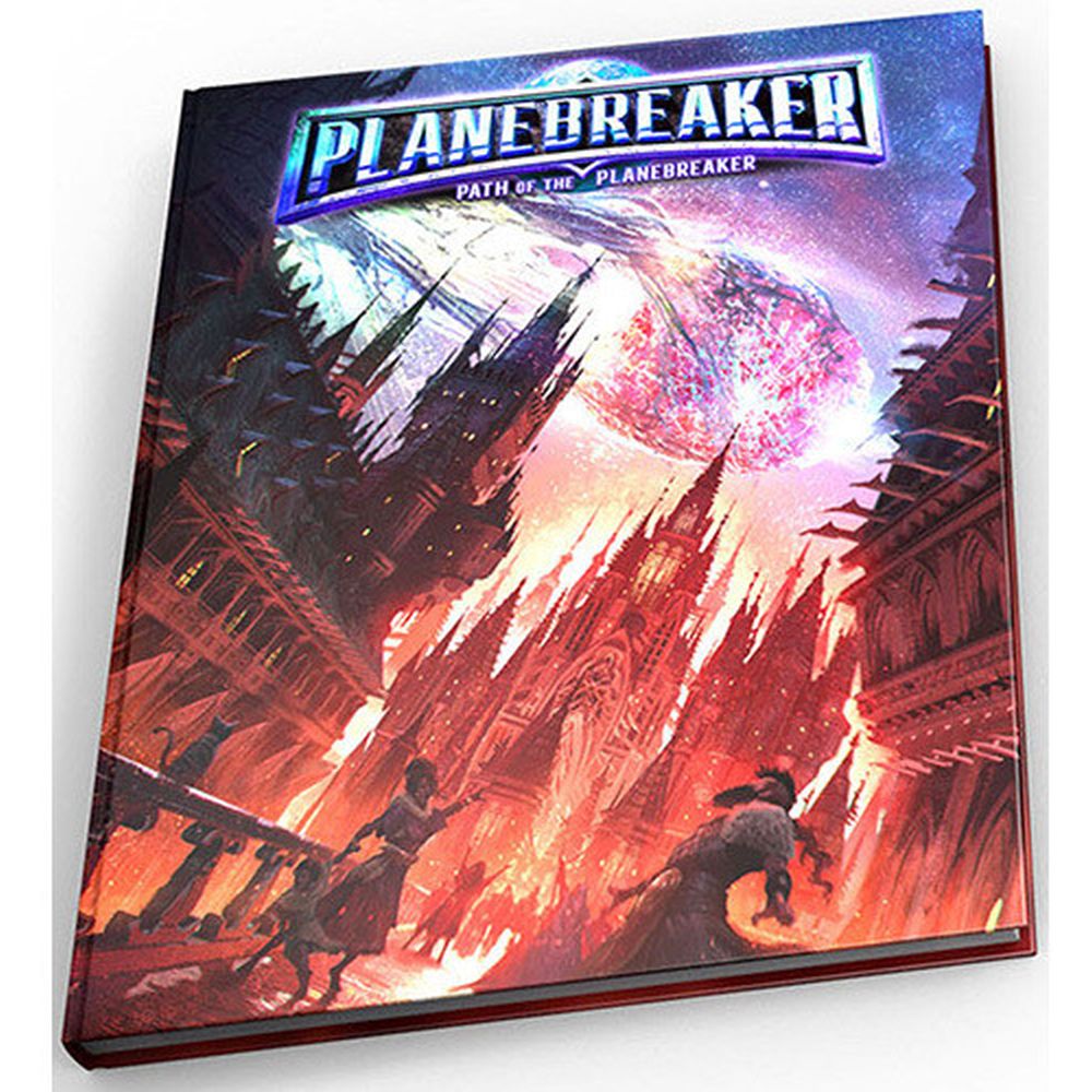Planebreaker book cover: Spiky gothic city under a glowing cosmic body, with two figures in a fiery foreground.