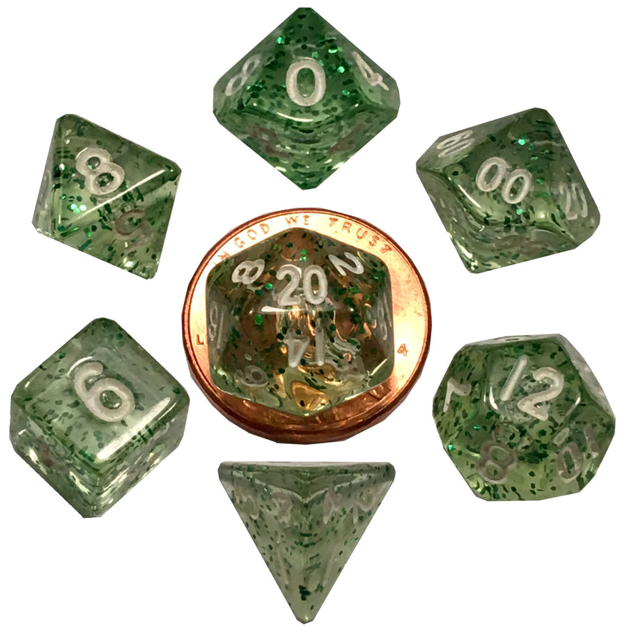 Metallic Dice Games - Mini Polyhedral Dice Set White Numbers - Ethereal Green