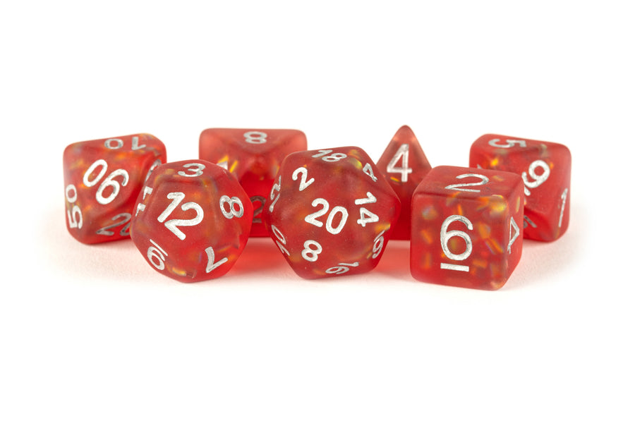 Metallic Dice Games - Resin Icy Opal Dice Set Polyhedral - Red with Silver Numbers - Good Games