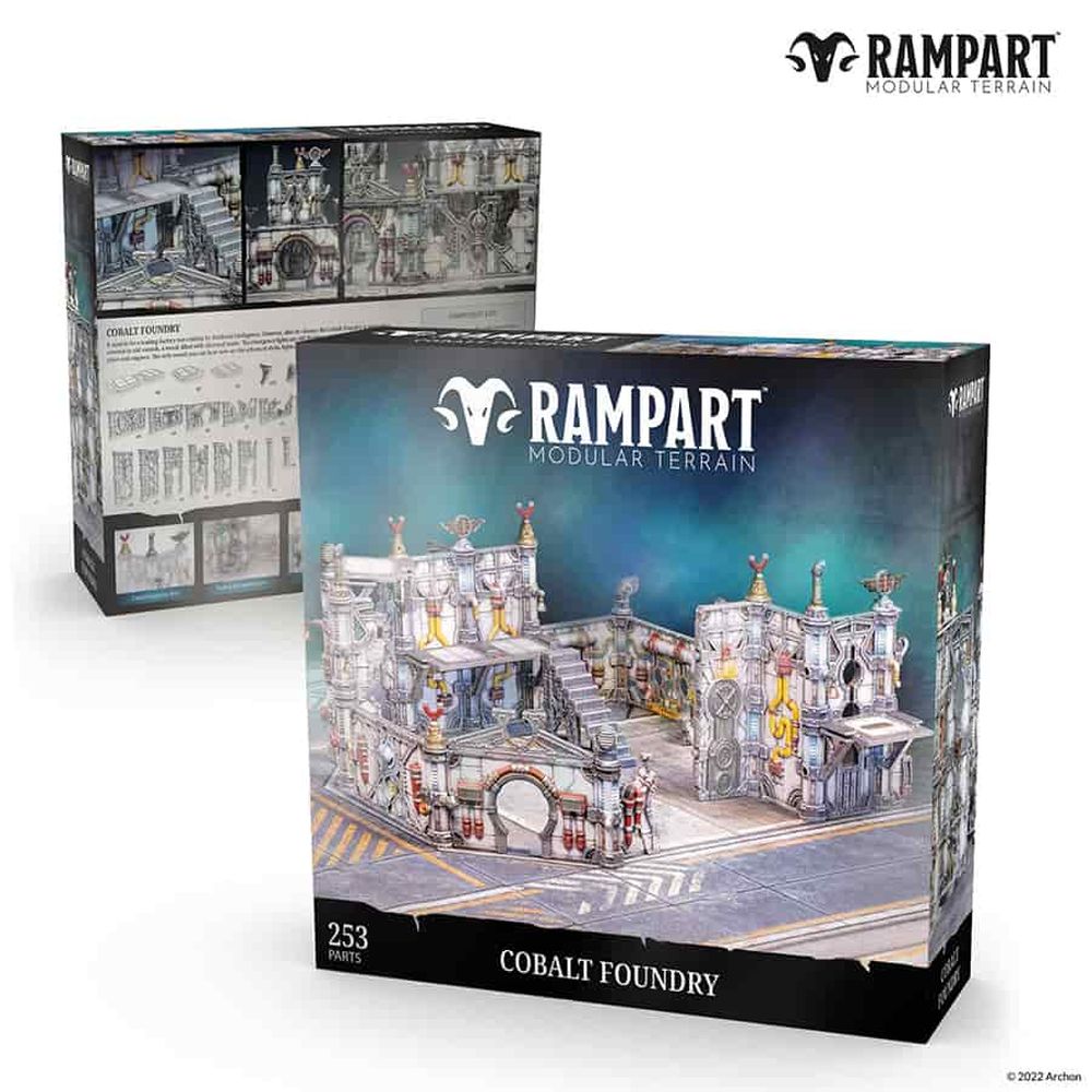 Two Rampart Modular Terrain boxes. The front box prominently displays the detailed Cobalt Foundry industrial terrain set