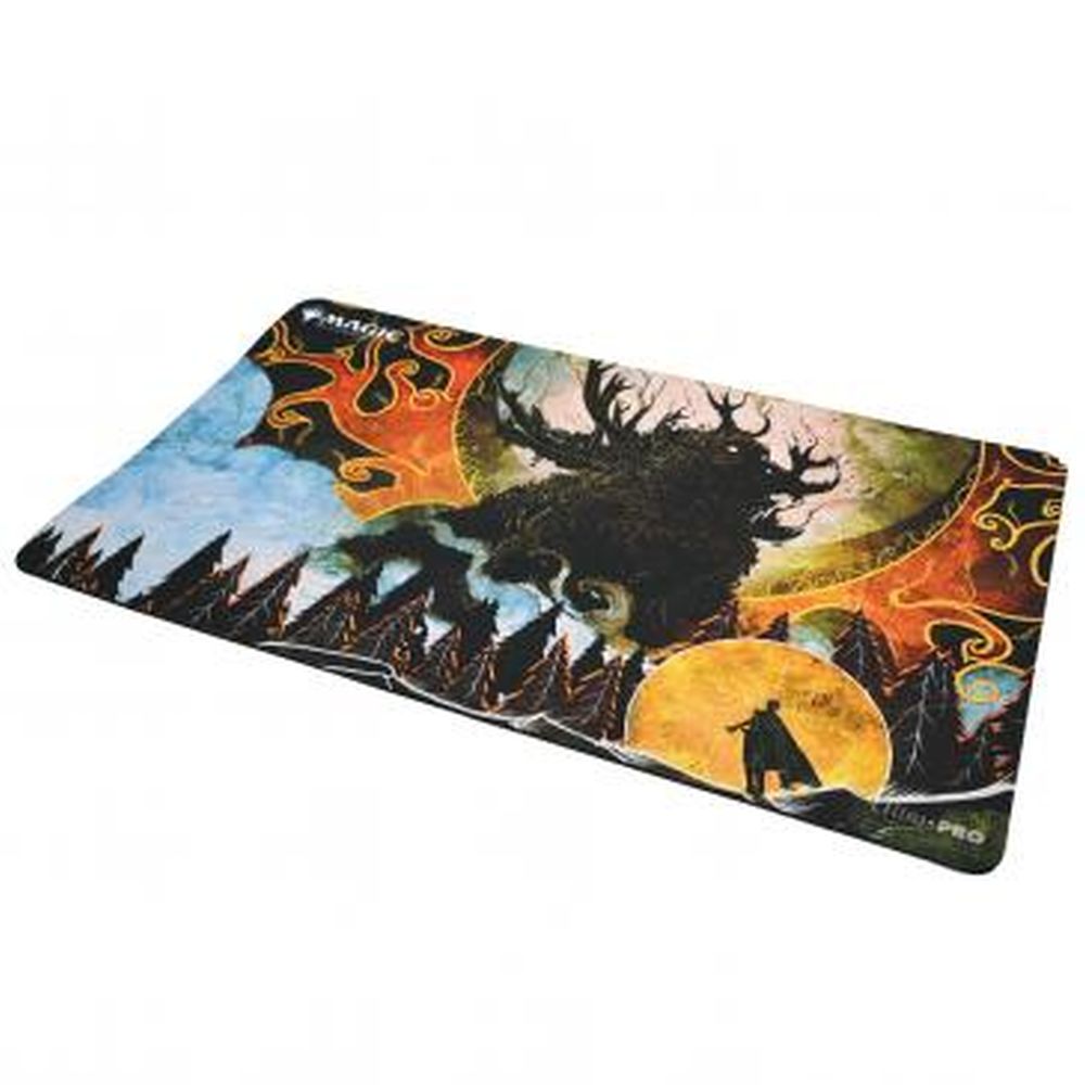 An Ultra Pro Mystical Archive Natural Order Playmat displays dark fantasy art of a horned beast over a forest, with a cloaked figure against a bright moon