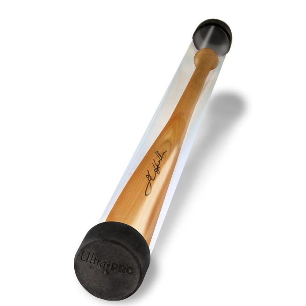 Autographed wooden baseball bat tube in a clear Ultra-PRO display case