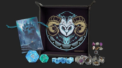 D&D dice set, bag, and rolling tray with a horned owl emblem, includes blue and clear polyhedral RPG dice and miniature treasures