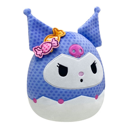 This soft 8-inch Kuromi Squishmallow has a blue polka dot Halloween design with pointed ears, pink candy decorations, and an embroidered skull detail