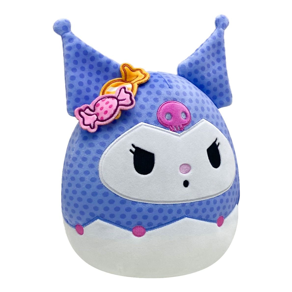 This soft 8-inch Kuromi Squishmallow has a blue polka dot Halloween design with pointed ears, pink candy decorations, and an embroidered skull detail