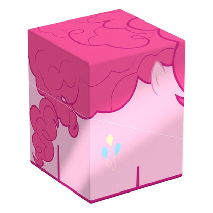 A pink Ultimate Guard Squaroe deck box prominently displays Pinkie Pie from My Little Pony, featuring her vibrant dark pink mane, light pink body, and signature balloon cutie mark