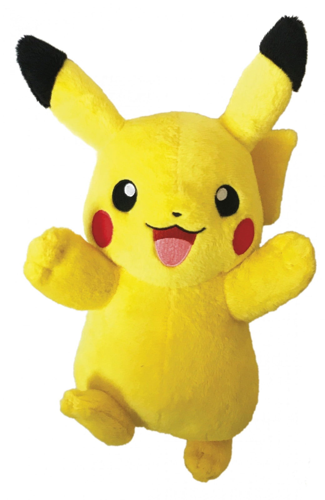 Yellow Pikachu plush toy smiling with tongue out, dynamic jumping pose