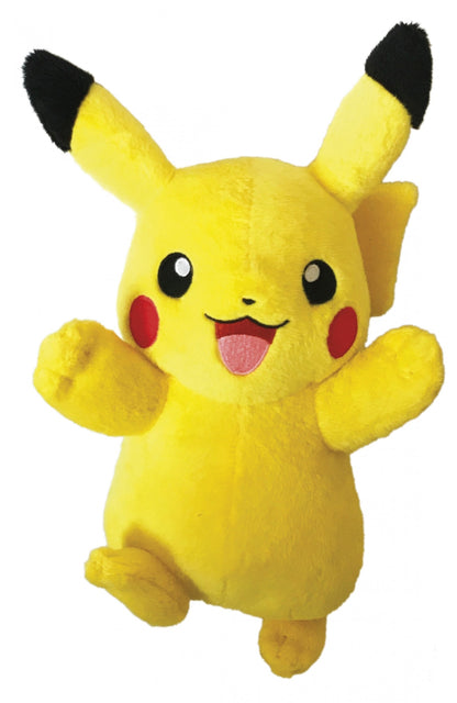 Yellow Pikachu plush toy smiling with tongue out, dynamic jumping pose