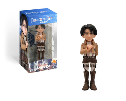 Figure in Attack on Titan box with official logo and Levi character graphics